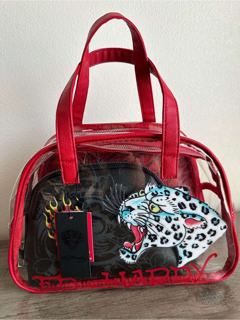 Ed Hardy Red Clear Tote with Leopard Artwork 3 pieces markup bag new